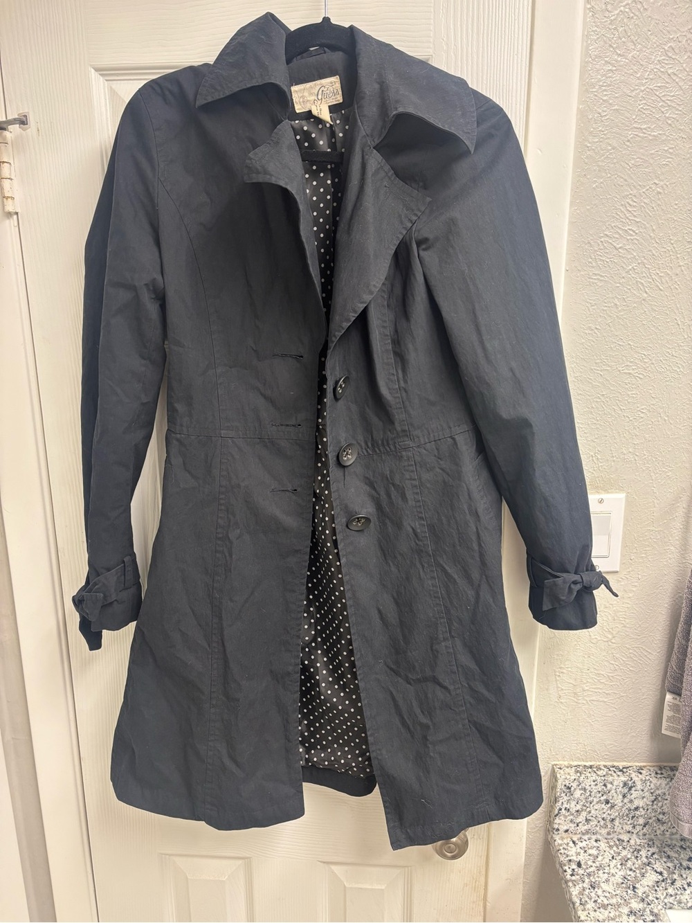 Guess Black Trench Coat with Polka Dot Lining